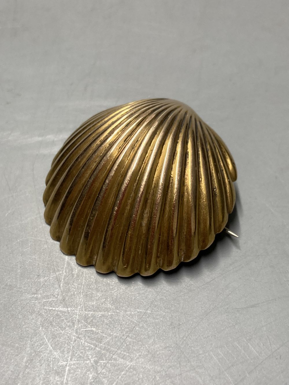 An early 20th century yellow metal (tests as 15ct) shell brooch, with glazed back, width 37mm, gross 10.3 grams.